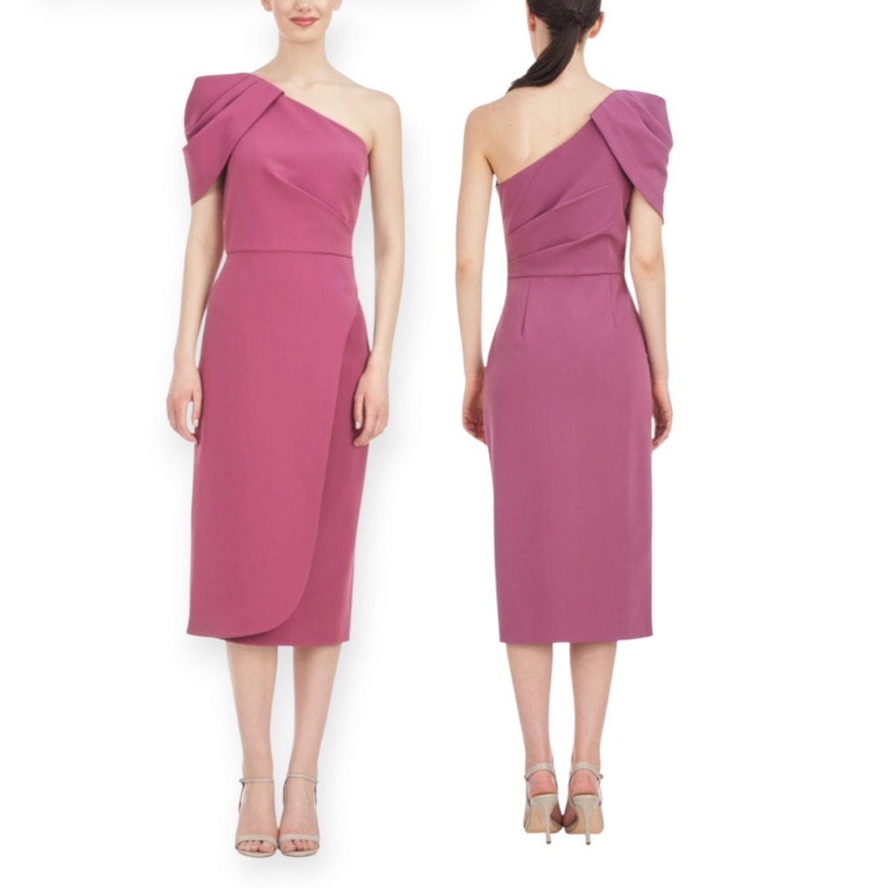 Kay Unger Evening Dress 16 NWT Stretch Crepe One Shoulder Draped Sleeve Pink